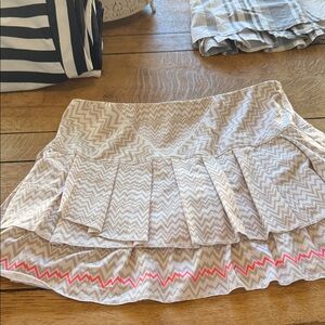 Lucky in Love Beige Chevron Skater Skirt with Pink Zigzag